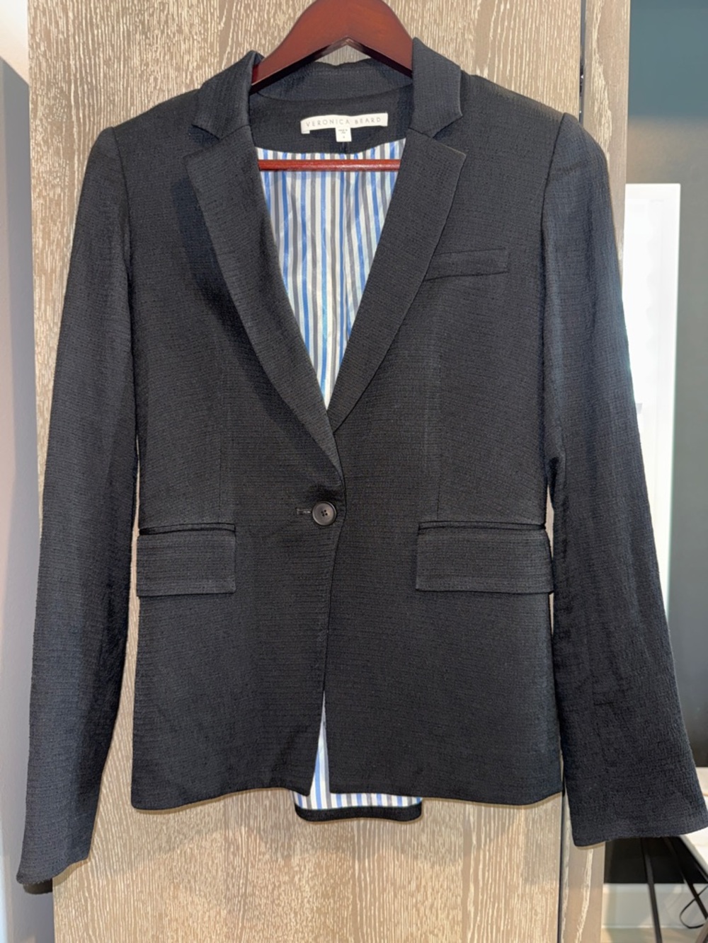 Veronica Beard Black Single-Button Textured Blazer with Blue-Striped Lining